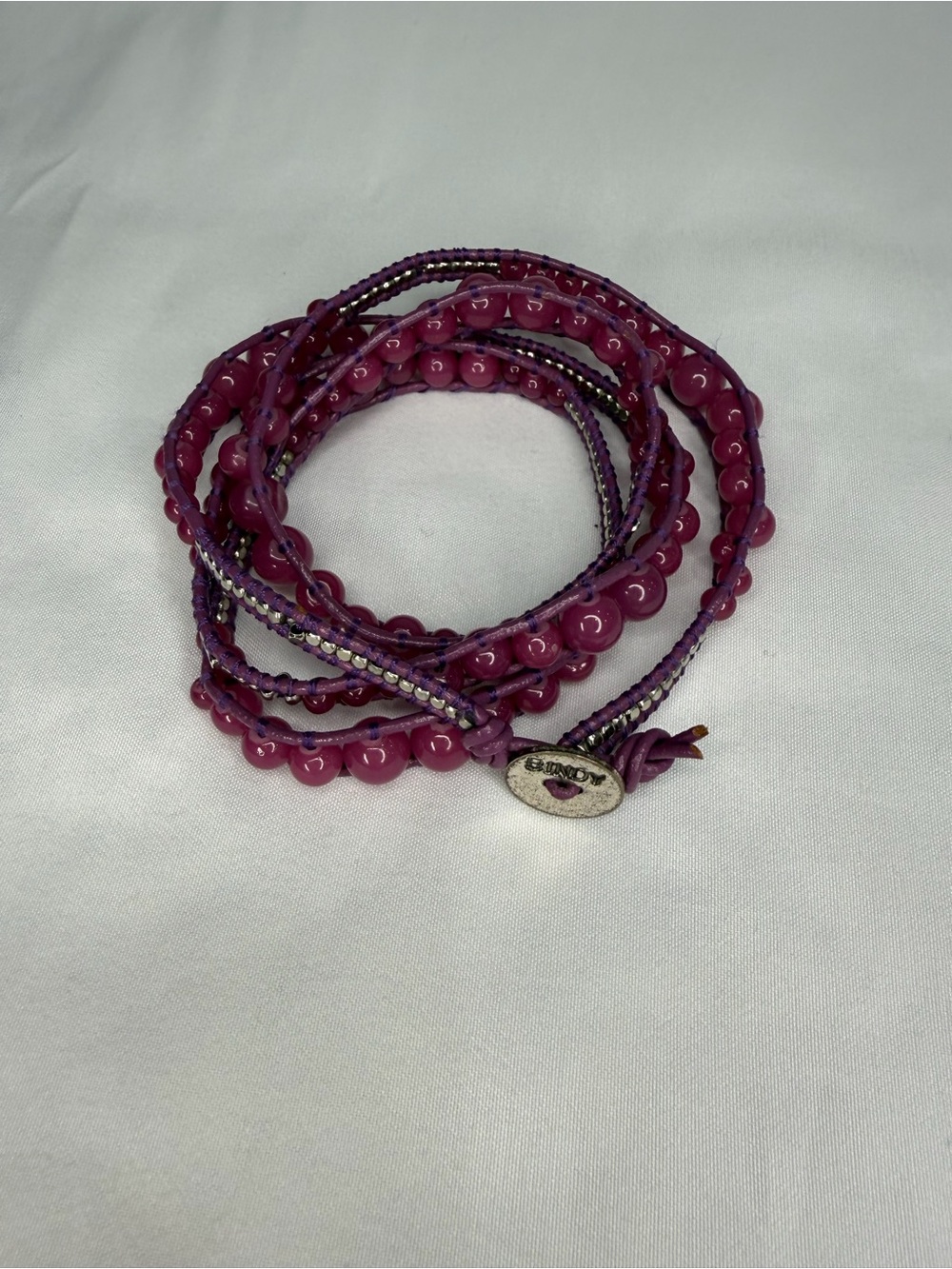 Multi-Strand Purple and silver Beaded Wrap Bracelet with Button Closure